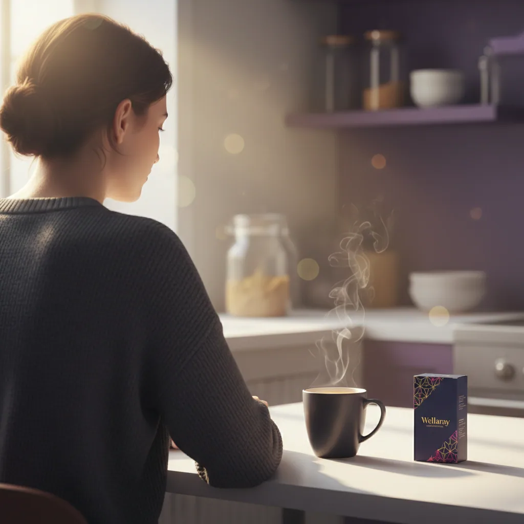 Person from behind sitting at a bright kitchen table with a steaming mug of coffee and a food supplement box in morning light
